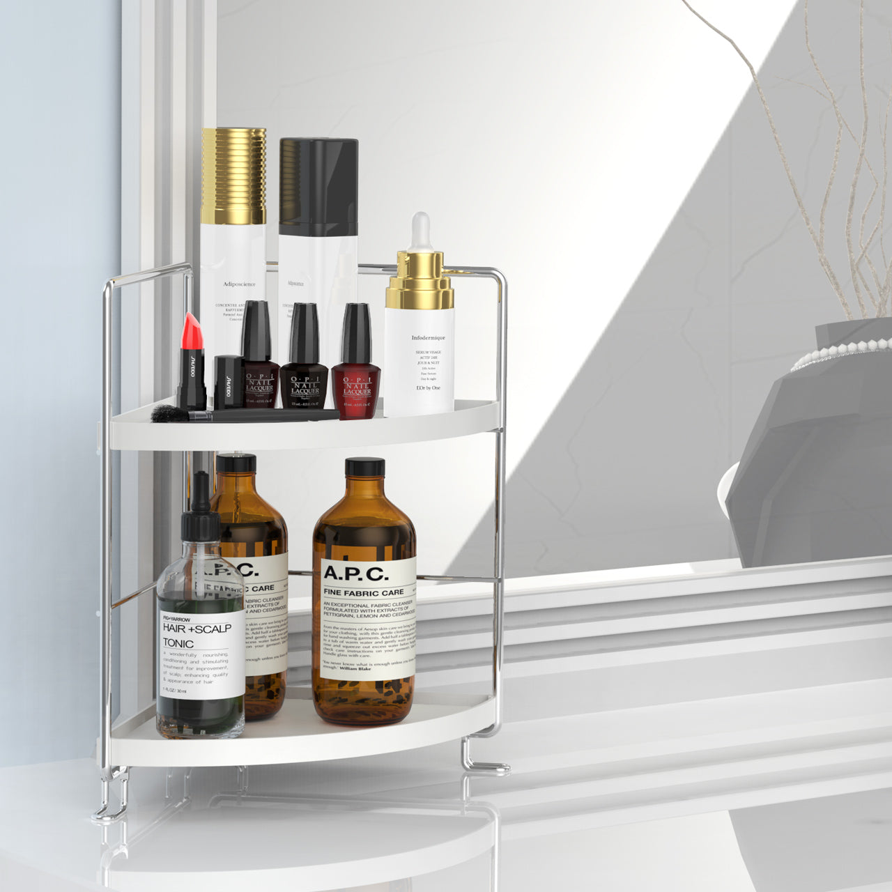 2-Tier Corner Wire Shelving Stackable Organizer for Cosmetics, Bathroom, Kitchen, Countertop, Silver
